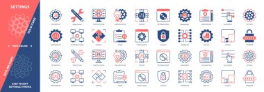 Ayarlar simgesi ayarlandı. Yapılandırma, Ayarlama, Ayar, Parametreler, Yazılım Güncelleme, Kontrol, Güvenlik, Değiştirme, Aygıtlar. Duotone rengi katı ve düzenlenebilir dış hat simgeleri