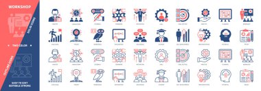 Atölye simgesi seti. Teori, Uygulama, Hedef Ayarlama, Açıklama, Meydan Okuma, Potansiyel, Motivasyon. Duotone rengi katı ve düzenlenebilir dış hat simgeleri