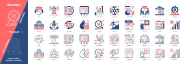 İş simgesi seti. Yatırım, Bütçe, İş Toplantısı, Analiz, Ekonomi, Vizyon, Hedef Ayarlama, Başarı, Planlama. Duotone rengi katı ve düzenlenebilir dış hat simgeleri