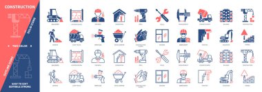İnşaat simgesi seti. İşçi, Buldozer, Beton Karıştırıcı, Kazıcı, İnşaat Eldiveni, Mühendis, Ölçü, Bina. Duotone rengi katı ve düzenlenebilir dış hat simgeleri