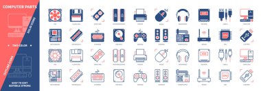 Bilgisayar Parçaları simgesi ayarlandı. Ana kart, video kart, kablo, kulaklık, SSD sürücüsü, yazıcı, güç kaynağı, işlemci. Duotone rengi katı ve düzenlenebilir dış hat simgeleri