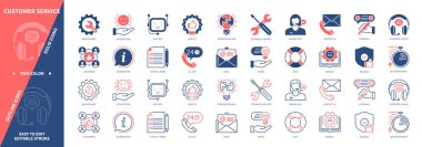 Müşteri hizmetleri simgesi ayarlandı. Geribildirim, Bakım, Tavsiye, Hızlı Tepki, Bilgi, Güvenilir, Problem Çözme, Teknik Destek. Duotone rengi katı ve düzenlenebilir dış hat simgeleri