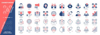 Kitle fonlama ikonu seti. Yardım, Gönüllüler, İnternet, Proje, Yatırımcılar, Başlangıç, Büyüme, Eğlence. Duotone rengi katı ve düzenlenebilir dış hat simgeleri