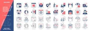 Teslimat simgesi seti. Ev Teslimatı, Ağırlık, İkmal Zinciri, Destek, Deniz Taşımacılığı, Paketleme, Forklift, Dünya çapında Teslimat. Duotone rengi katı ve düzenlenebilir dış hat simgeleri