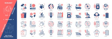 Ekoloji ikonu hazır. Yeşil Enerji, Geri Dönüşüm Tesisi, Güneş Panelleri, Fauna, Dünya Kirliliği, Bisiklet, Biyoyakıt, Rüzgar Enerjisi. Duotone rengi katı ve düzenlenebilir dış hat simgeleri