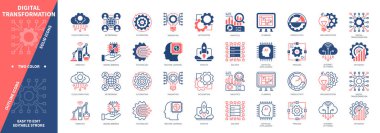 Dijital Dönüşüm simgesi seti. Networking, Big Data, Innovation, Integration, Machine Learning, Automation, Cloud Computing, IOT. Duotone rengi katı ve düzenlenebilir dış hat simgeleri