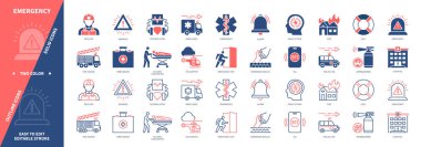 Acil durum simgesi ayarlandı. Yaralı Tahliye, Kurtarma, Hastane, Helikopter, Ambulans, Polis, Acil Çıkış, İlk Yardım. Duotone rengi katı ve düzenlenebilir dış hat simgeleri