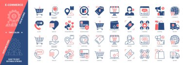 Ticaret simgesi seti. İzleme, İşlem, Teslimat, İstek Listesi, Güvenli Ödemeler, Fiyat, Alışveriş, Çevrimiçi Alışveriş. Duotone rengi katı ve düzenlenebilir dış hat simgeleri
