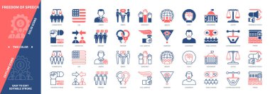 Konuşma özgürlüğü ikonu oluşturuldu. Protesto, Avukat, Özgürlük, İnsan Hakları, Sansür, Kamu Görüşü, Demokrasi, Hükümet. Duotone rengi katı ve düzenlenebilir dış hat simgeleri