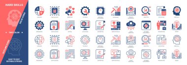 Sert Skills simgesi seti. Veri Madenciliği, Teknik, Yapay Zeka, Siber Güvenlik, Kopya Yazı, Tasarım, Proje Yönetimi. Duotone rengi katı ve düzenlenebilir dış hat simgeleri