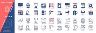 Ev Aletleri simgesi seti. Çamaşır makinesi, su ısıtıcı, elektrikli süpürge, buzdolabı, elektrikli ısıtıcı, elektrikli ütü, vantilatör, televizyon. Duotone rengi katı ve düzenlenebilir dış hat simgeleri