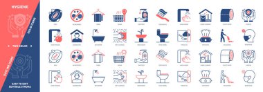 Hijyen ikonu hazır. Yiyecek hijyeni, süpürge, ıslak temizleme, banyo, sabun, diş macunu, temiz hava, karantina. Duotone rengi katı ve düzenlenebilir dış hat simgeleri