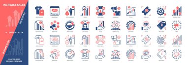 Satış simgesini yükselt. Üretim, Fiyat Düşüşü, Verimlilik, Eğilimler, Maliyet Liderliği, Geliştirme, Sosyal Medya, Reklamcılık. Duotone rengi katı ve düzenlenebilir dış hat simgeleri