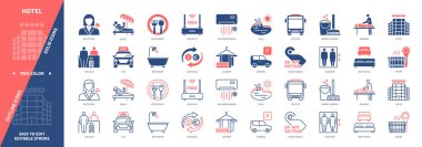 Otel ikonu seti. Plaj, giriş, havuz, çamaşırhane, resepsiyon, yatak seçimi, otopark, takas. Duotone rengi katı ve düzenlenebilir dış hat simgeleri