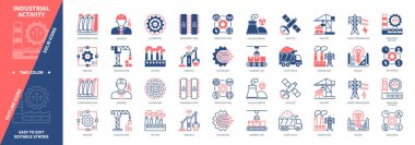 Endüstriyel aktivite simgesi ayarlandı. Otomasyon, Süreç, Assembly Line, Robotik, Tasarım, Altyapı, Uydu, Kaynaklar. Duotone rengi katı ve düzenlenebilir dış hat simgeleri