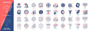 Yenilik simgesi seti. Beyin Fırtınası, Teknoloji, Takım Çalışması, Fikir, Tasarım, Geliştirme, Araştırma, Eleştirel Düşünce. Duotone rengi katı ve düzenlenebilir dış hat simgeleri