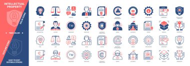 Fikir Eserleri simgesi seti. Fikir, Yargıç, Gizli, İçerik, Yazar, Telif Hakkı İhlali, Patent, İcat. Duotone rengi katı ve düzenlenebilir dış hat simgeleri
