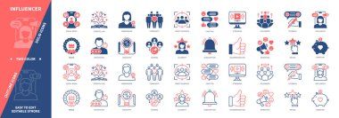 Etki simgesi seti. İzleyiciler, Tavsiye, Büyükelçi, Geribildirim, Derecelendirme, İtibar, Topluluk, Akış. Duotone rengi katı ve düzenlenebilir dış hat simgeleri