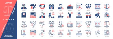 Adalet ikonu ayarlandı. Avukat, Hüküm, Tutuklama, Yargıç, Hapishane, Soruşturma, Cinayet, Tövbe. Duotone rengi katı ve düzenlenebilir dış hat simgeleri