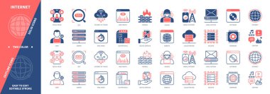 İnternet simgesi seti. Dijital Hizmetler, Hacker, Yazılım, Firewall, Email Sunucu, Donanım, Nesnelerin İnterneti, Web Sitesi. Duotone rengi katı ve düzenlenebilir dış hat simgeleri