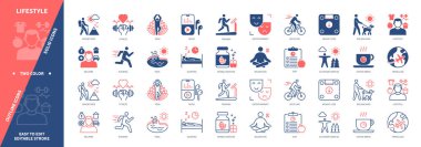 Yaşam tarzı simgesi seti. Koşu, Kültür, Yoga, Bitkisel İlaç, Havuz, Uyku, Maceralar, Rahatlama. Duotone rengi katı ve düzenlenebilir dış hat simgeleri