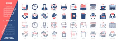 Ofis simgesi ayarlandı. Bilgisayar, masa, ofis alanı, yazıcı, saat, arşiv, kalem standı, adres defteri. Duotone rengi katı ve düzenlenebilir dış hat simgeleri