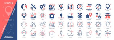 Konum simgesi ayarlandı. Adres, Trafik Işığı, Yol, Araba Navigasyonu, Pusula, Uydu, Dünya, Yön. Duotone rengi katı ve düzenlenebilir dış hat simgeleri