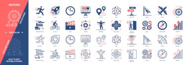 Hareket simgesi ayarlandı. Koşu, Döndürme, Yönlendirme, Film, Bisiklet, Hız, Hareket Algılayıcı, Atom. Duotone rengi katı ve düzenlenebilir dış hat simgeleri