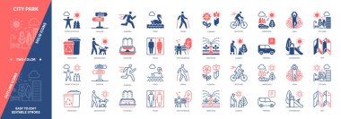 Park simgesi ayarlandı. Havuz, Çeşme, Köpek Yürüyüşü, Koşu, Yoga, Yürüyüş, Oyun Bahçesi, Spor Aktiviteleri. Duotone rengi katı ve düzenlenebilir dış hat simgeleri