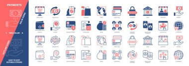 Ödeme ikonu ayarlandı. Para, E-Cüzdan, İşlem, Para iadesi, Tıklama başına ödeme, Muhasebe, Güvenli Ödemeler. Duotone rengi katı ve düzenlenebilir dış hat simgeleri