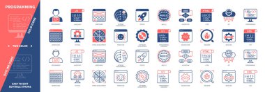 Programlama simgesi ayarlanıyor. Web, Algoritma, İkili Kod, Spiral Geliştirme, Malware, Cloud Computing, Programcı, Javascript. Duotone rengi katı ve düzenlenebilir dış hat simgeleri