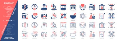 Eczane ikonu hazır. Danışmanlık, bandaj, reçete, laboratuvar tüpü, eczacı, şırınga, ilaç, doza. Duotone rengi katı ve düzenlenebilir dış hat simgeleri