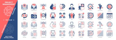 Proje Yönetimi simgesi ayarlandı. Hedefler, Bütçe, İşbirliği, Uygulama, Geliştirme, Strateji, Analiz, Nakit Akış. Duotone rengi katı ve düzenlenebilir dış hat simgeleri