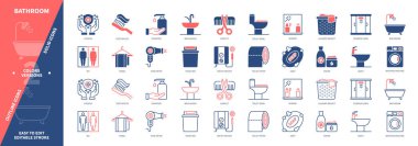 Banyo ikonu seti. Hijyen, duş kabini, klozet, ayna, sabun, diş macunu, yıkama havuzu, şampuan. Duotone rengi katı ve düzenlenebilir dış hat simgeleri
