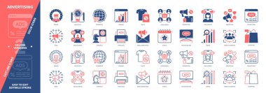 Reklam simgesi seti. Marka, Satış, Tüketiciler, E-posta Pazarlama, Tanıtım, Sosyal Medya, Trend, Televizyon Reklamları. Duotone rengi katı ve düzenlenebilir dış hat simgeleri