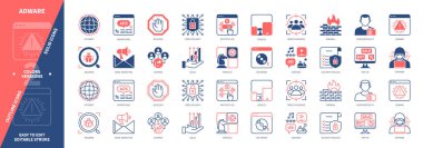 Uyarı simgesi seti. Açıl, yazılım, tıklama başına ödeme, casus yazılım, kötü amaçlı yazılım, internet, reklam, güvenlik duvarı. Duotone rengi katı ve düzenlenebilir dış hat simgeleri