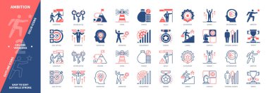 Hırs simgesi seti. Hedef Ayarları, Liderlik, Görüş, Motivasyon, Fırsatlar, Belirleme, Geliştirme, Sonuç. Duotone rengi katı ve düzenlenebilir dış hat simgeleri