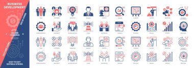 İş Geliştirme simgesi seti. Strateji, Yatırım, Yönetim, Vizyon, Gelir, Yenilik, İşbirliği, Proje. Duotone rengi katı ve düzenlenebilir dış hat simgeleri