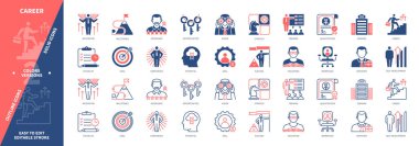 Kariyer ikonu hazır. Hedef, Kontrol Listesi, Özgelişim, İşveren, Eğitim, Fırsatlar, Şirket, Nitelikler. Duotone rengi katı ve düzenlenebilir dış hat simgeleri