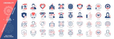 Güvenilirlik simgesi ayarlandı. Bağlılık, İtibar, Güvenilir, Prestij, Sorumluluk, Tavsiye, Otorite, Dürüstlük. Duotone rengi katı ve düzenlenebilir dış hat simgeleri