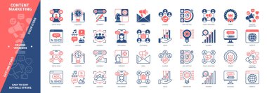 İçerik Pazarlama simgesi seti. Web sitesi, Paylaşım, Reklamcılık, Geribildirim, Strateji, Seyirci, İçerik, Sosyal Medya. Duotone rengi katı ve düzenlenebilir dış hat simgeleri