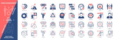 Kriz Yönetimi simgesi ayarlandı. Tanımlama, Uygulama, Farkındalık, Kurtarma, Geri bildirim, Strateji, Başarı, Değerlendirme. Duotone rengi katı ve düzenlenebilir dış hat simgeleri