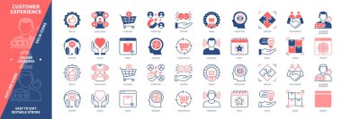 Müşteri Deneyimi simgesi ayarlandı. Mal, Cazibe, Farkındalık, Kalite, Destek, Tavsiye, Sadakat, İlişki. Duotone rengi katı ve düzenlenebilir dış hat simgeleri