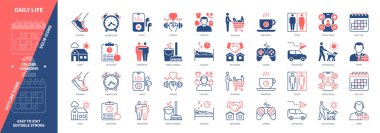 Daily Life ikonu seti. Alışveriş, Temizlik, Sosyal Medya, Beslenme, Kahvaltı, Tuvalet, Uyku, İş. Duotone rengi katı ve düzenlenebilir dış hat simgeleri