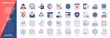 Siber güvenlik simgesi ayarlandı. Erişim, Hacker, Parmak izi, Firewall, Veri Koruma, Teknoloji, Yazılım, Gizlilik. Duotone rengi katı ve düzenlenebilir dış hat simgeleri