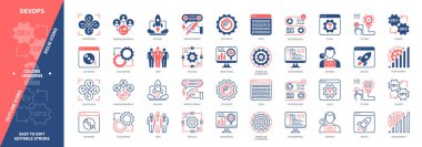 DevOps simgesi ayarlandı. Hızlı Geribildirim, Kod, İşlem, Test, Serbest Bırakma, Çalışma Akımı Otomasyonu, Paylaşılan Sahiplik. Duotone rengi katı ve düzenlenebilir dış hat simgeleri