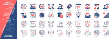 Doğrudan Pazarlama simgesi seti. İnternet, Adres, Kupon, Gelir, Mobil, Reklam, Piyasa Araştırmaları, E-posta. Duotone rengi katı ve düzenlenebilir dış hat simgeleri
