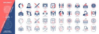 Diplomasi ikonu hazır. Elçilik, Büyükelçi, Müzakereler, Dış Politika, Arabuluculuk, Forum, Tarafsızlık, Lider. Duotone rengi katı ve düzenlenebilir dış hat simgeleri