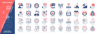 İstihdam simgesi ayarlandı. İş Arama, Değer Önerisi, Özgeçmiş, Mülakat, Yeterlilik, Meslek, Anlaşma, Kariyer. Duotone rengi katı ve düzenlenebilir dış hat simgeleri