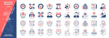 İşveren Marka simgesi seti. Aday Seyahati, Kariyer, Özgeçmiş, İletişim, Alıştırma, İşe Alma, İnsan Kaynakları, Değer Önerisi. Duotone rengi katı ve düzenlenebilir dış hat simgeleri